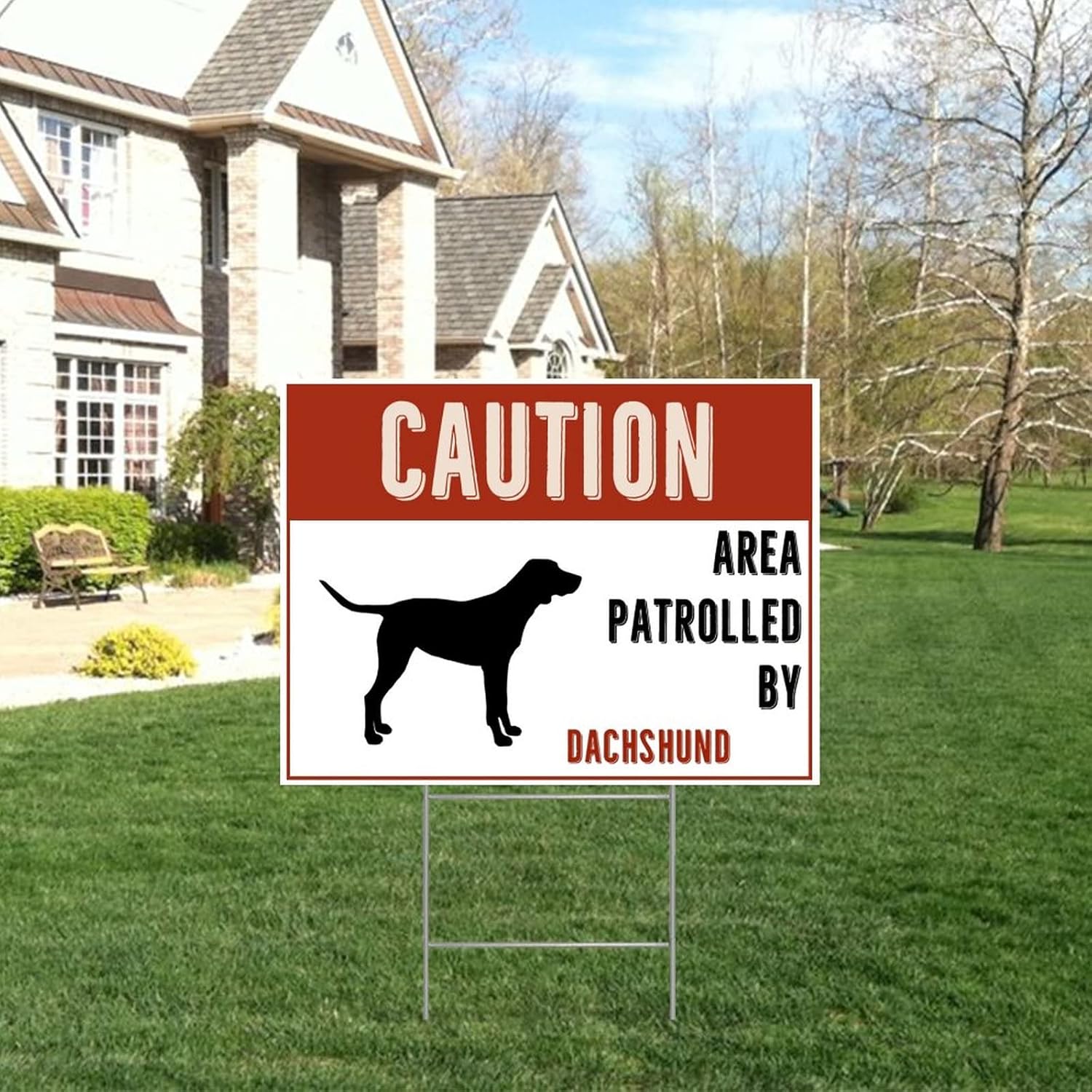 Caution Area Patrolled by Dachshund Dog Farmhouse Yard Sign with H-Stakes 18x24 Inch Double Sided Corrugated Plastic Outdoor Warning Notice Sign for Road Street Countryside Lawn Decor