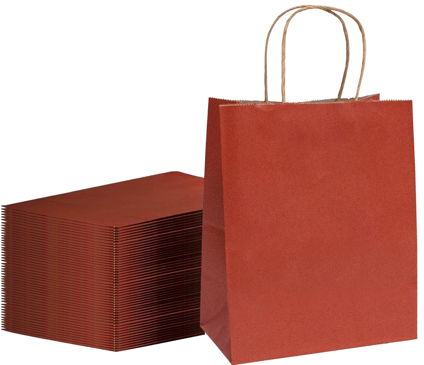 FACEBAG 100-Pack Red Paper Bags with Handles Bulk,8x4.25x10.5 Inch Gift Bags, Red Kraft Paper Bags, Applicable to Retail, Party, Shopping, Festival，