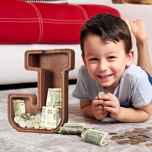 Miniatura 5 de SummiDate Alcancía de madera extra grande, alcancía para niños y niñas, banco de dinero del alfabeto J, regalo de cumpleaños para niños, regalo del