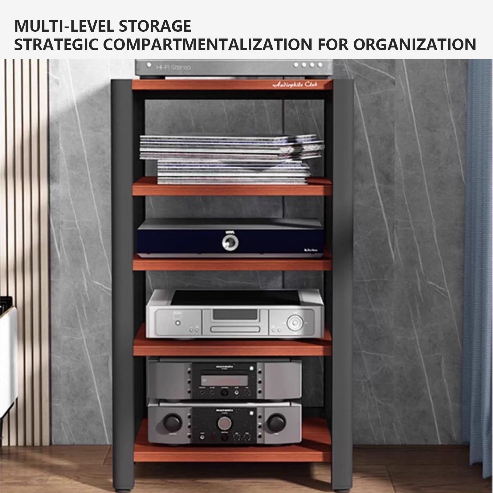 4-poziomowy stojak na nośniki AV, odtwarzacz płyt i stojak audio do odtwarzaczy DVD, konsol do gier, TV Box, solidna metalowa rama (wykończenie 60 x 50 x 85 cm)