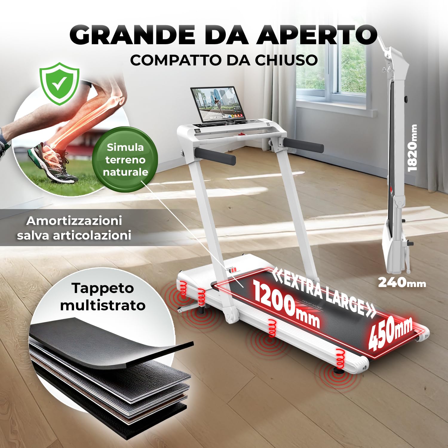 YM Tapis Roulant Elettrico 18 km/h, INCLINAZIONE Automatica, Superfice Corsa XXL, Salvaspazio Pieghevole, 2 Sistemi di Controllo (TASTI o GESTUALE), APP Interattive Bluetooth, NEXT 8000 Your Move