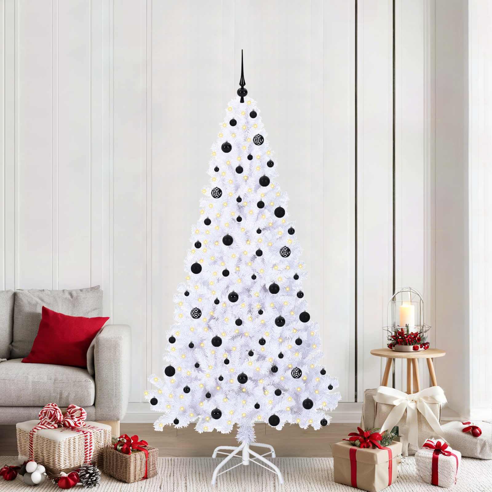 Albero di Natale Artificiale Bianco 210cm in PVC e Acciaio con 300 Luci LED, 8 Modalità di Flash, Alimentazione USB, 1210 Punte, per Soggiorno, Corridoio, Balcone e Terrazza