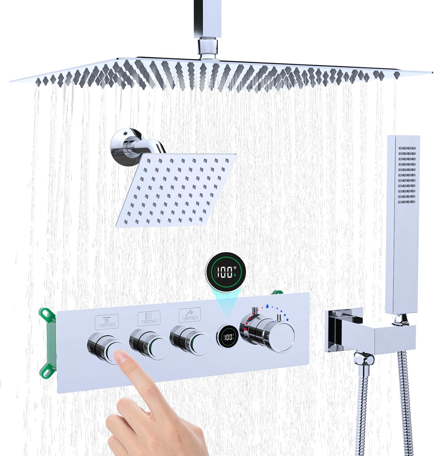 Enga Dual Head Shower System, 16" + 6" Dual Rain Shower System (Can All Run Together & Flow Adjustable), Temperature-Display Push-button Valve Thermostatic Shower Faucet Set, Chrome ?16"+6" Shower Head Chrome