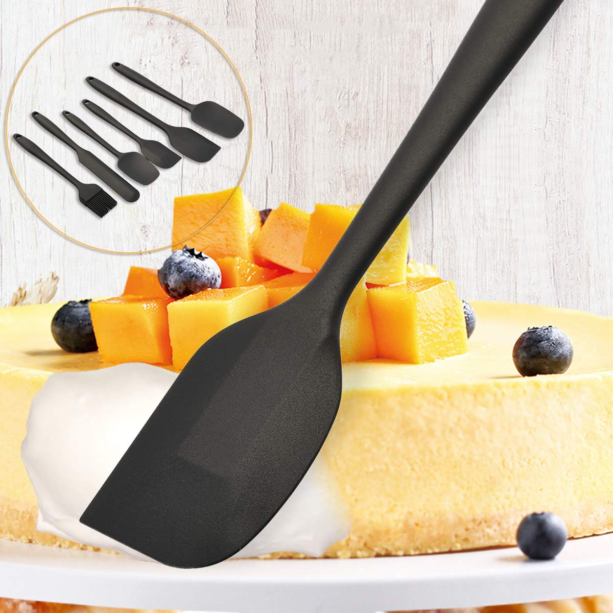 Set di spatole in silicone, 6 spatole in gomma ad alta resistenza al calore, design senza cuciture, set di utensili da cucina (nero, 6 pezzi)