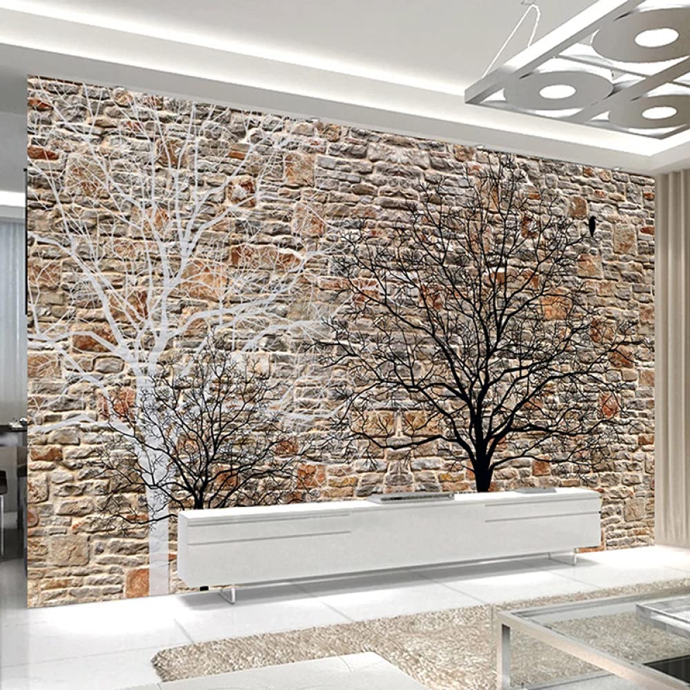 Papier Peint Adhesif Mural,Mur De Briques Vintage Motif Arbre De Vie Noir Et Blanc Grand