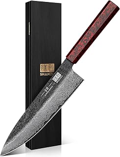 SHAN ZU Chef's Knife Damascus 20cm SG2 Steel Hand Forged Japanese | Powder Core 67 Layer 64 HRC, Highly Sharp Blade, Ergonomic Urushi Wooden Handle, Luxury Wooden Box Presentation