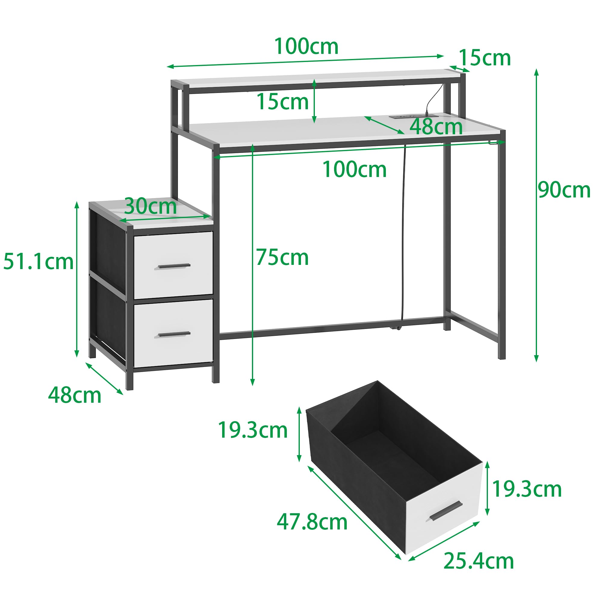 Gaming-Schreibtisch mit stoffgefütterten Schubladen, Gaming Tisch, Groß Pc Computertisch, Computertisch mit 2 großen unabhängigen Schubladen, 100 x 48 x 90 cm, Weiß + Schwarz