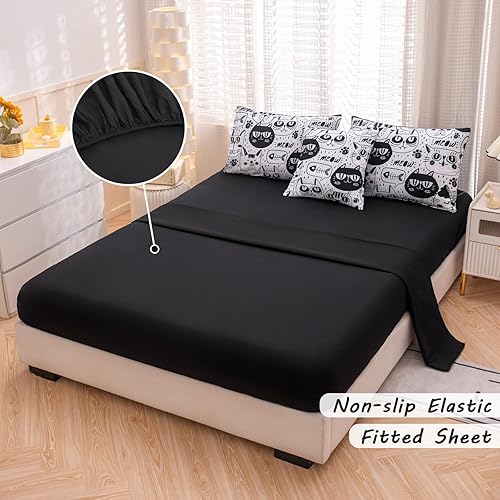 Miniatura 5 de Juego de ropa de cama individual para niñas, ropa de cama linda de 6 piezas, juego de edredón blanco y negro con gatos, juegos de edredón para niñas