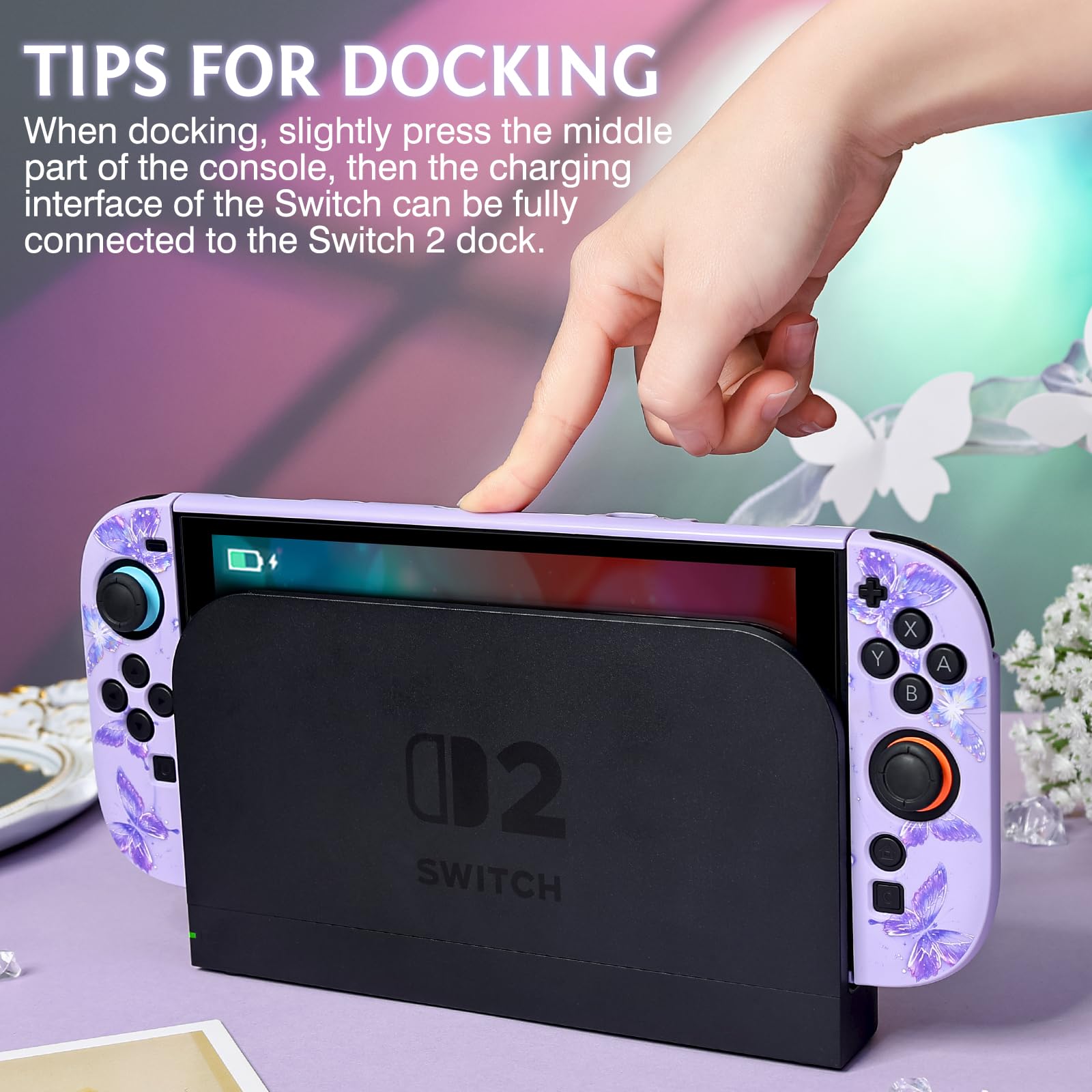 DLseego Protection pour Switch 2 2025,Coque Rigide PC Fine,Résistante aux Chocs et aux Rayures,Compatible avec la Station d'accueil,Housse Élégante au Design Papillon avec 2 Poignées Cover,Violet