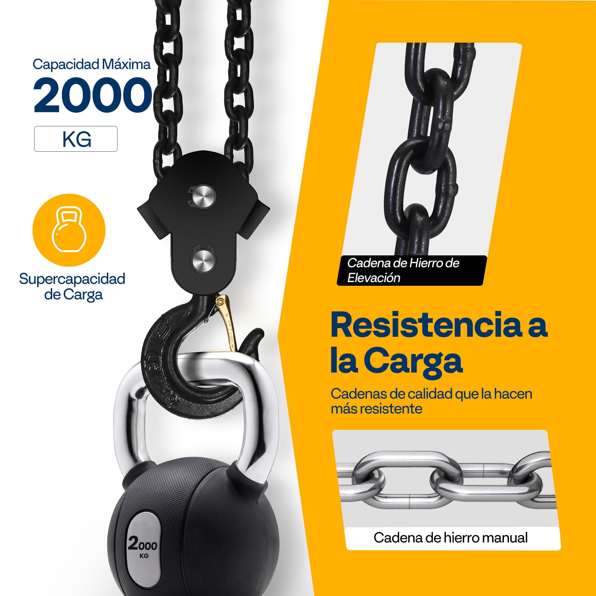 SPECSTAR Polipasto de Cadena Manual de 2000kg y Elevación de Carga 3m con 2 Ganchos Resistentes Polipasto de Cadena Manual para Almacén Construcción Maquinaria Automotriz Amarillo