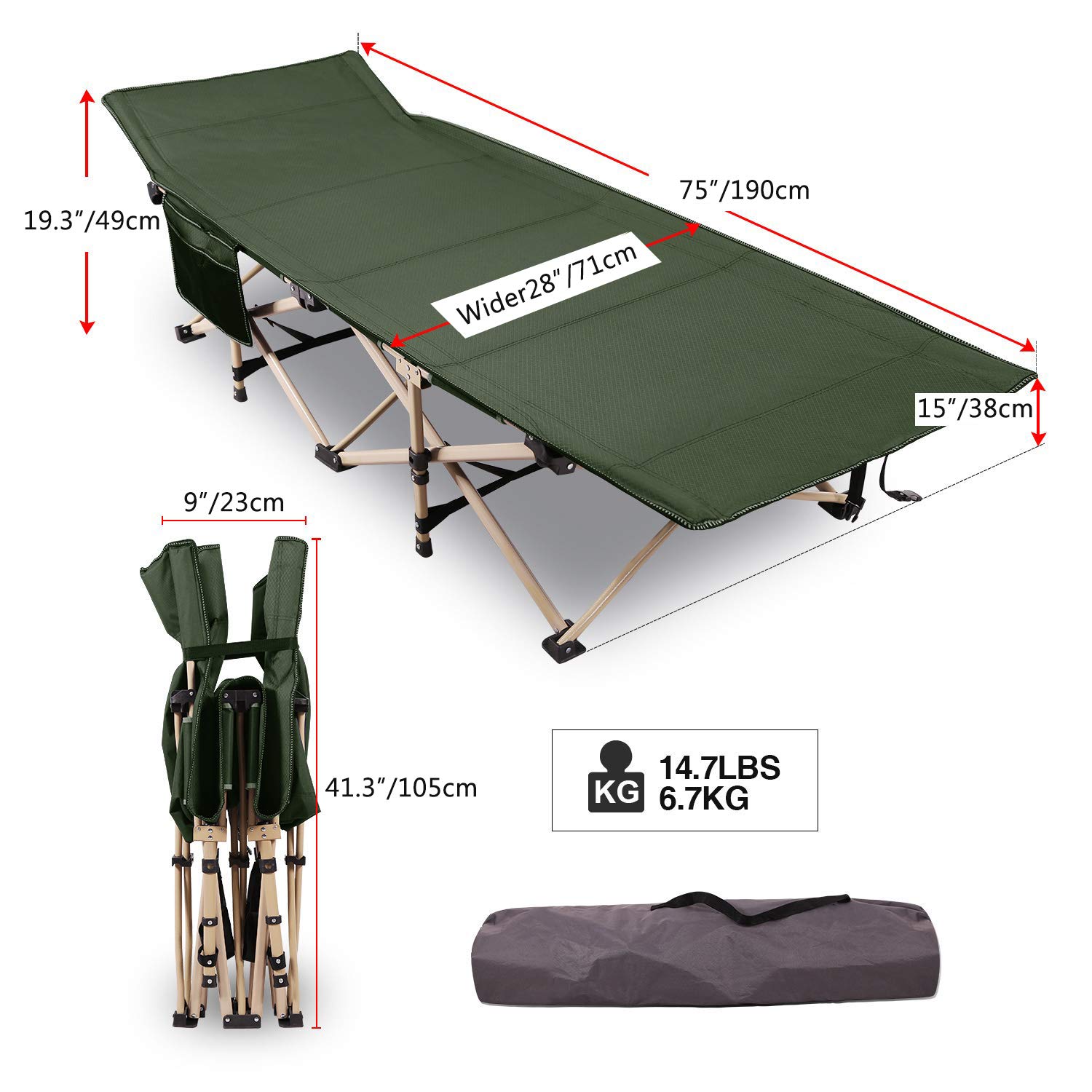 REDCAMP Feldbett Campingbett Kappbar, Max Statische Belastbarkeit 226kg，XXL Faltbar Betten 190 x 71 x 38 cm, Campingliege for für Outdoor Camping Reisen, Grün