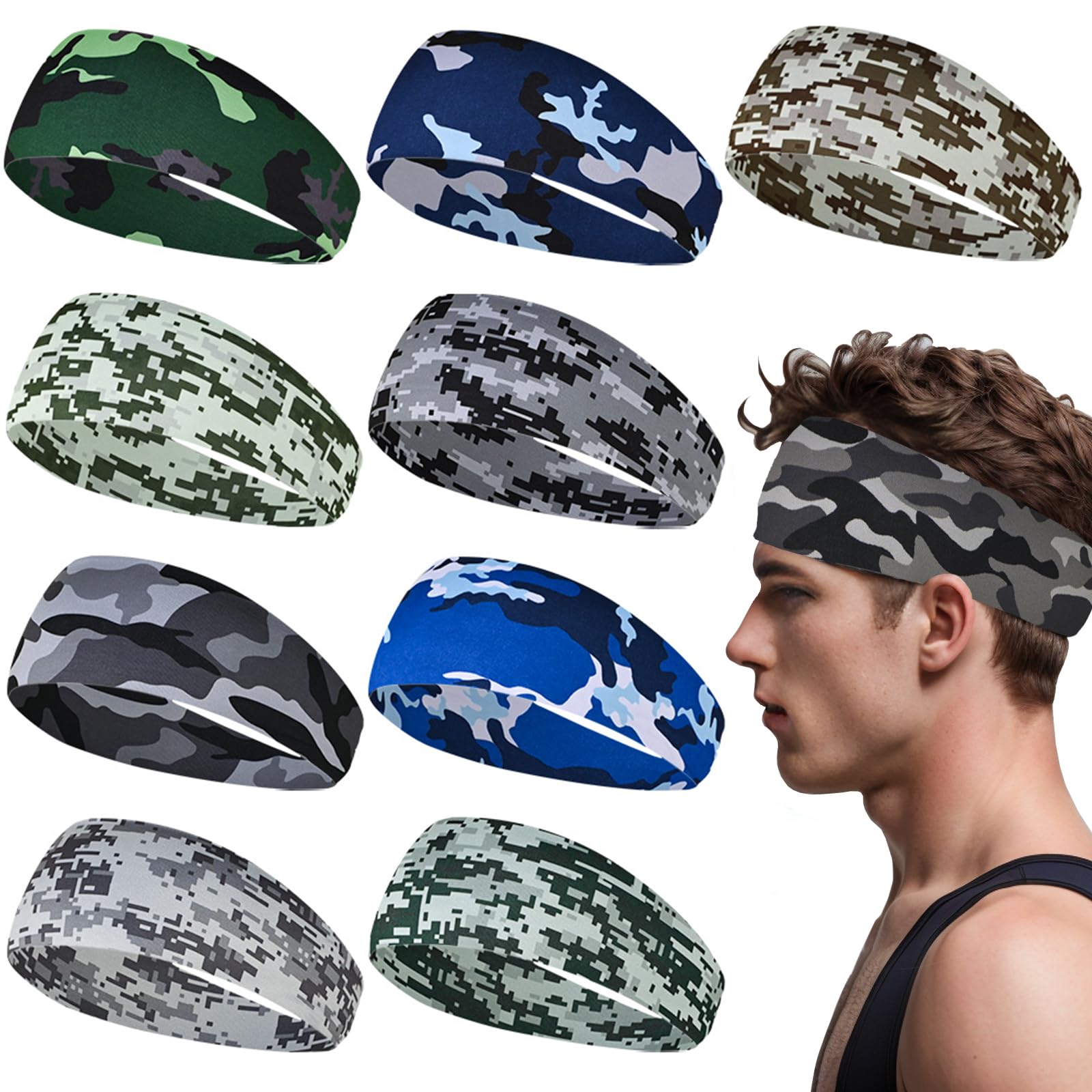 Sports Headband for Men 9 Pack Sweat Headbands for Men Running Workout Headbands Wide Sweatband Mens Stretchy Headband for Running Cycling Football Basketball Yoga