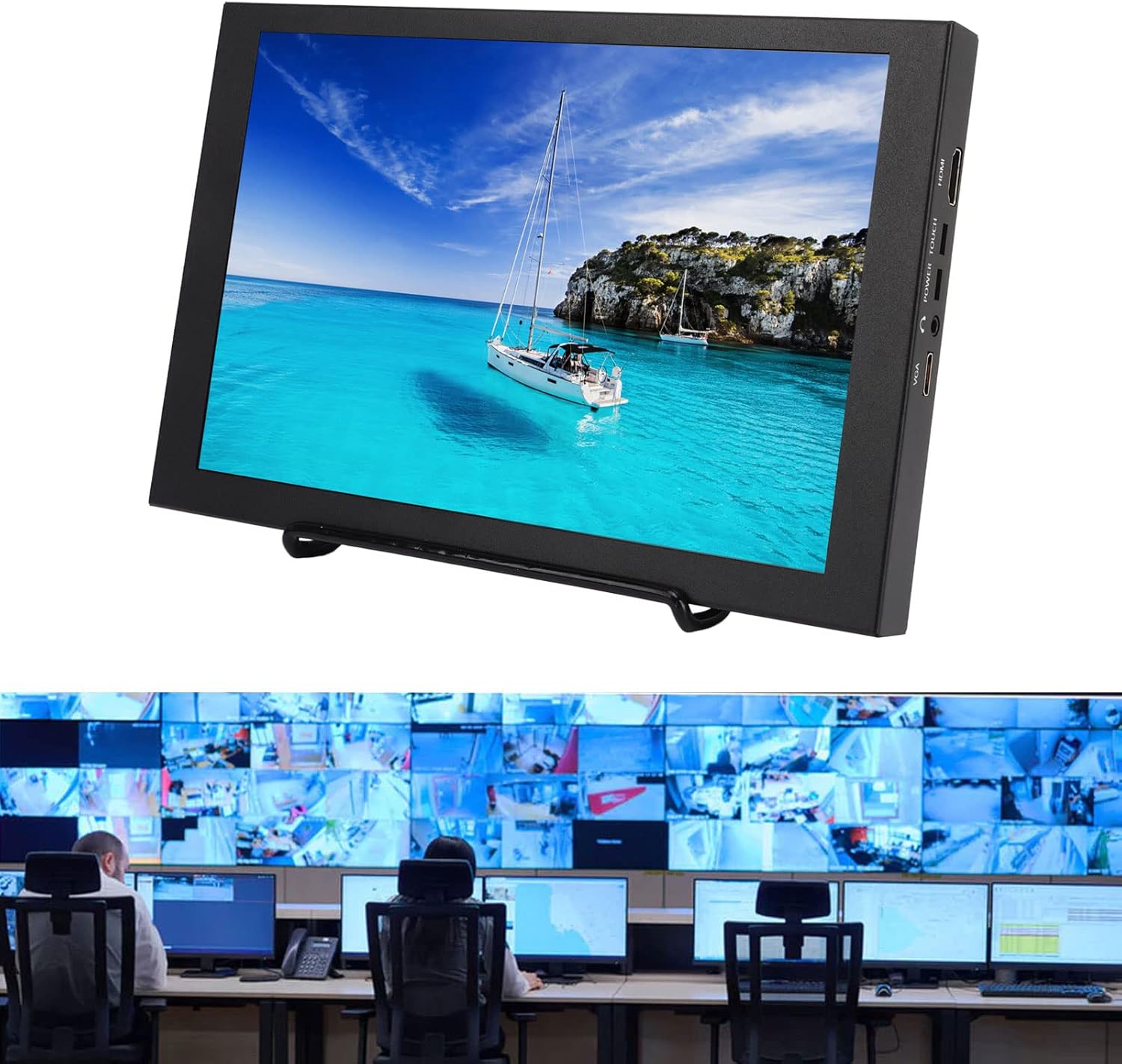 Bewinner 10.1 Inch Portable Touchscreen Monitor integrated into a multi-monitor CCTV control room setup.