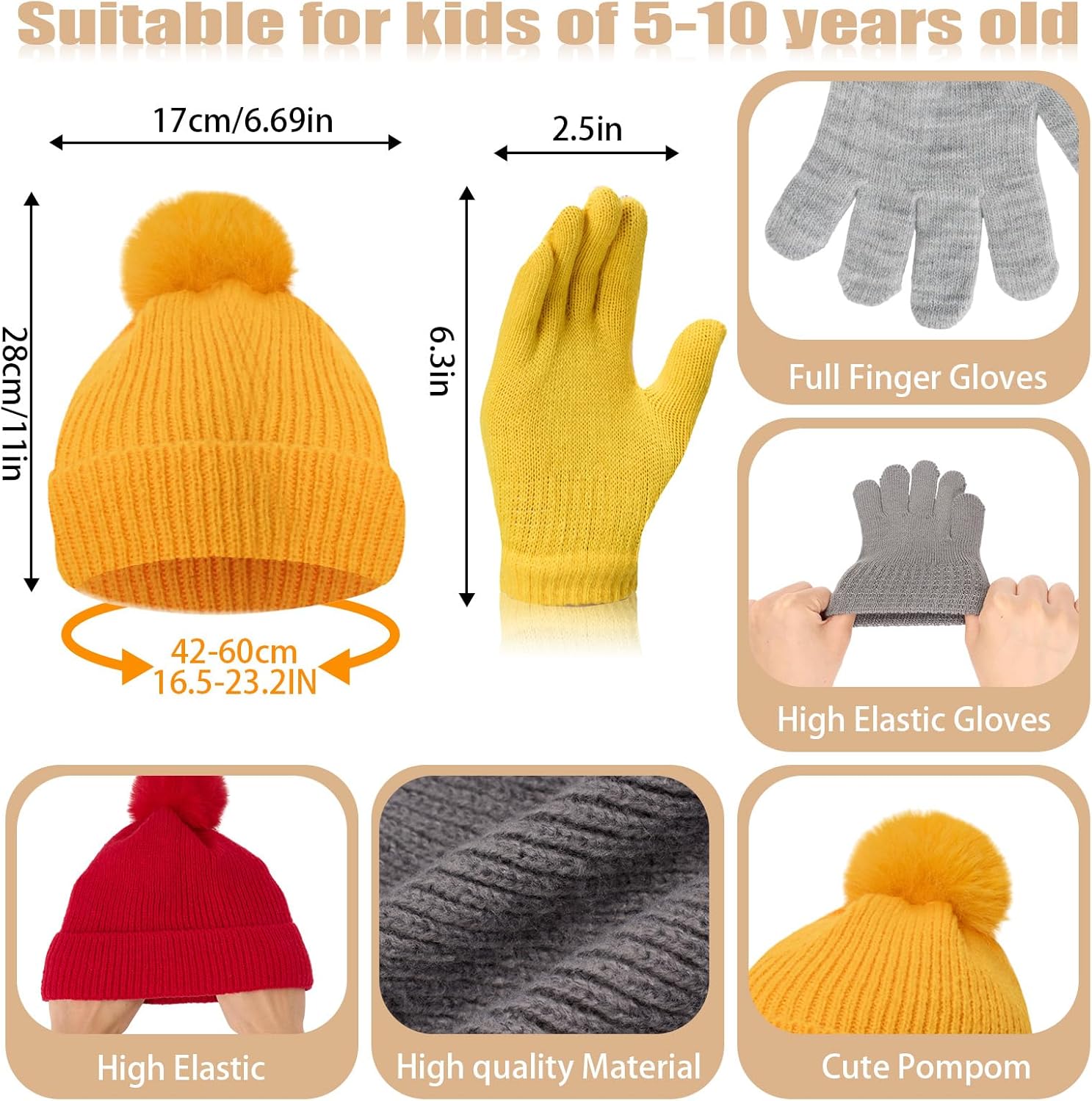 18 Pcs Kids Hat Gloves Scarves Winter Set Bulk Pom Knit Beanie Plaid Scarf Warm Gloves for Boys Girls 5-10(Cute Colors) - Image 2