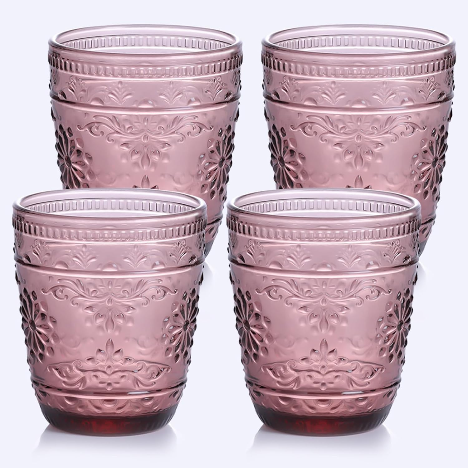 Purple Glassware set of 4 10OZ Drinking Glasses Purple Heavy Duty Glass Cups Colored Glassware Set Embossed Glasses