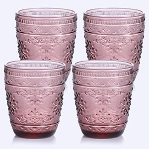 Purple Glassware set of 4 10OZ Drinking Glasses Purple Heavy Duty Glass Cups Colored Glassware Set Embossed Glasses