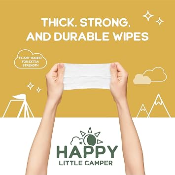 Happy Little Camper 超吸収性ナチュラルベビーおむつ サイズ1 - 低刺激性、無香料 & 塩素不使用の使い捨ておむつ200枚 敏感肌用の流せるワイプ200枚付き