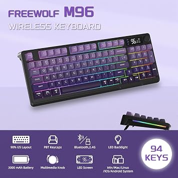 FREEWOLF M96 Wireless Gaming Keyboard Creamy Membrane with Rainbow Backlight,Media Knob,LCD Screen,Dual Mode-Bluetooth/2.4Ghz,Ball Shape PBT Keycap 94 Key ANSI Layout for Win Mac PC Gamer(Purple)