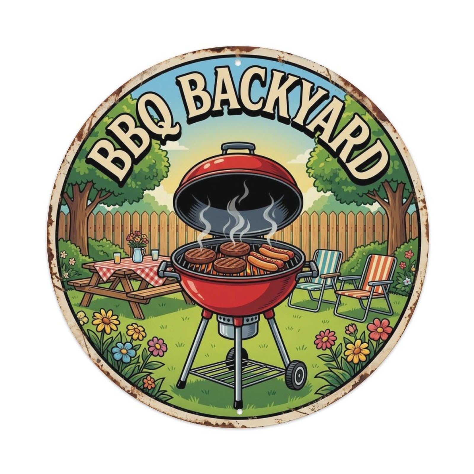 Yrnq Vintage Style-3 Vintage Bbq Barbecue Backyard Artwork Metal Tin Sign Plaque Wall Decor For Cafe, Club, Garden Round Metal Poster 8X8inch