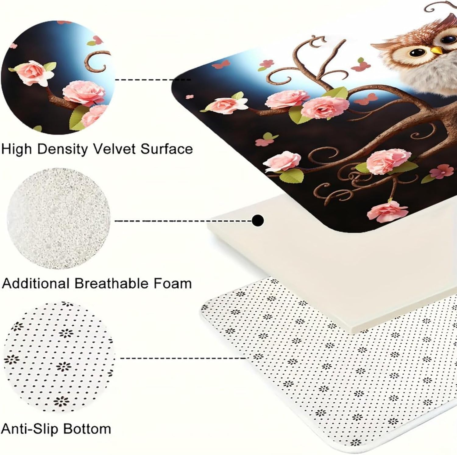 Cute Owl Tree Flowers and Squirrel Kitchen Mat Set of 3 Waterproof Floor Mats Non-Slip Kitchen Rugs Premium Flannel Rug Heavy Duty Standing Mat for Kitchen Home Bathroom Laundry