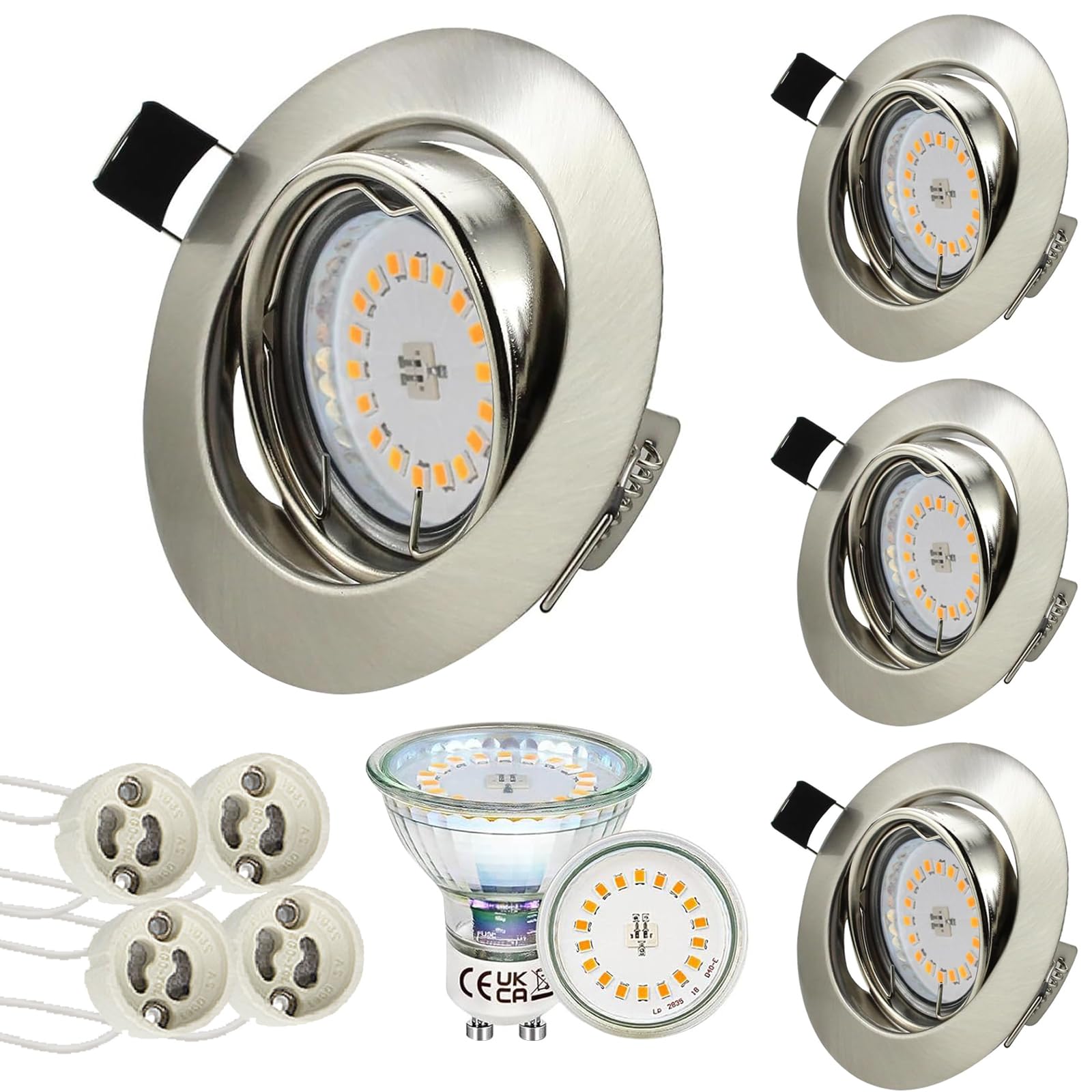 HiBay 4X Recessed Downlight GU10 Brushed Chrome Spot Ceiling Lights 30° Tiltable 5W Round Recessed Spotlight Warm White for Living Room Bedroom 240V, 90mm Outer Diameter, 70-80mm Cut-Out Holes — image 1