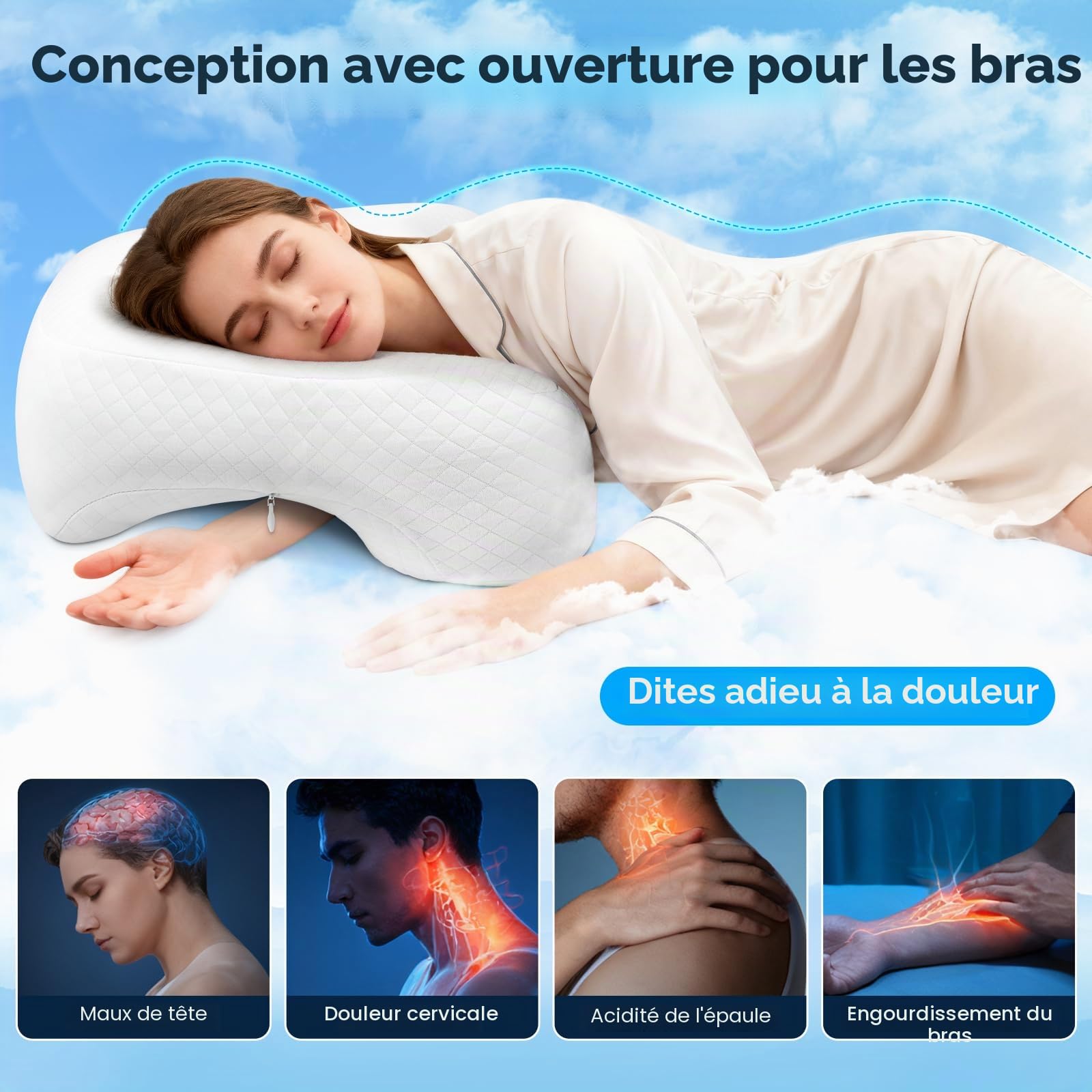 Coussin de nuque, coussin de positionnement latéral avec trou pour les bras, coussin orthopédique ergonomique en mousse à mémoire de forme pour la nuque, les côtés, le dos et le ventre, 46 x