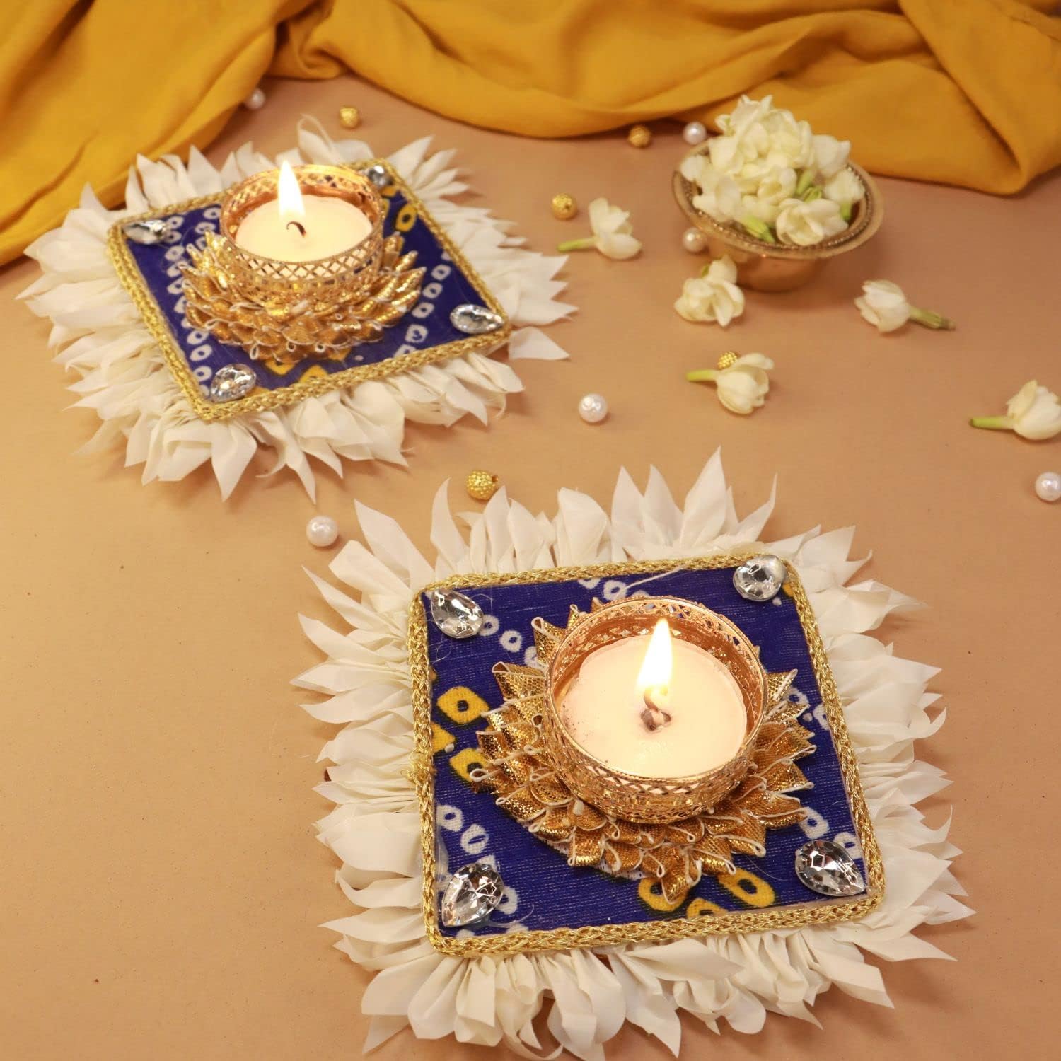 I Jewels Handmade Floral Design Set of 2 Candle Stand Tealight Holder for Diwali Christmas Festival Decorations Lighting Accessories Wedding Home Decor (DI02BI)