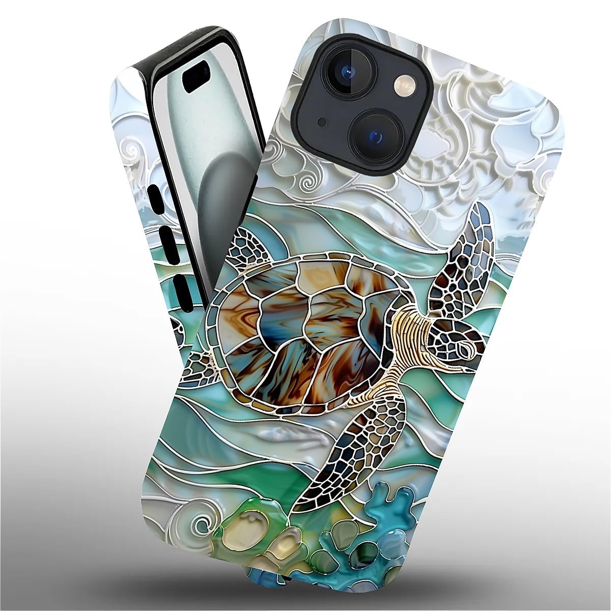 FKBRCL4U for iPhone 15 Plus Case, Hybrid 2-Layer Silicone Protective Matte Case for Girl Women Stained Glass Sea Turtle Window Art Pattern for iPhone