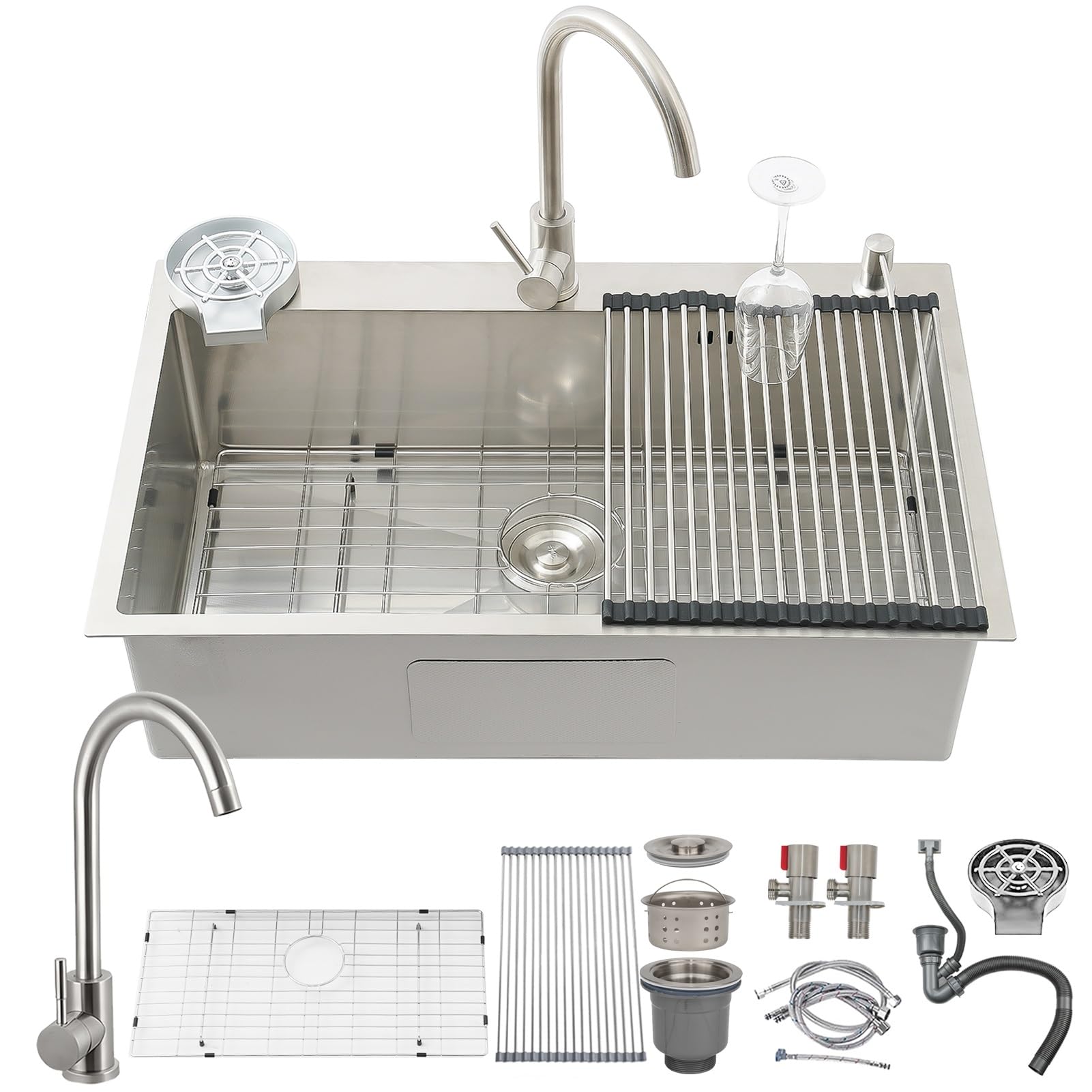 50cm Wide Large Stainless Steel Sink, Square Includes Soap Dispenser And Siphon, Built-in Sink With Tap Hole 1 Bowl, Worktop Built-in Sink With Siphon And Over And Drain(Silver-#B,80x50cm)