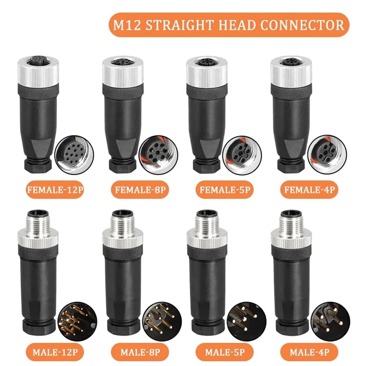 5/10/20Pcs M12 Sensor Connector Straight Male Female Screw Threaded Plugs&Socket A Type Coupling 3 4 5 8 Pin(M12-Male 4Pin,5 PCS)