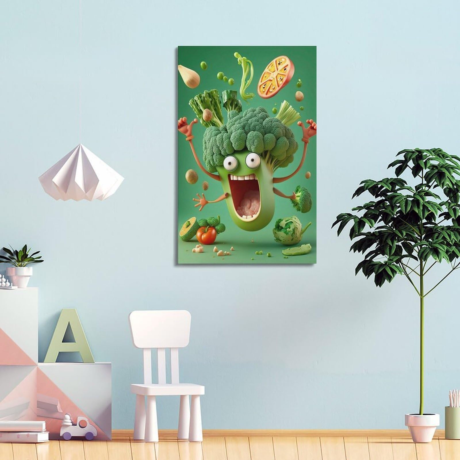 DLJGDS Essen-Poster, Angriff des fröhlichen Brokkoli, dekoratives Gemälde, Leinwand, Wandposter und moderne Familienschlafzimmer-Dekoration, 50 x 75 cm