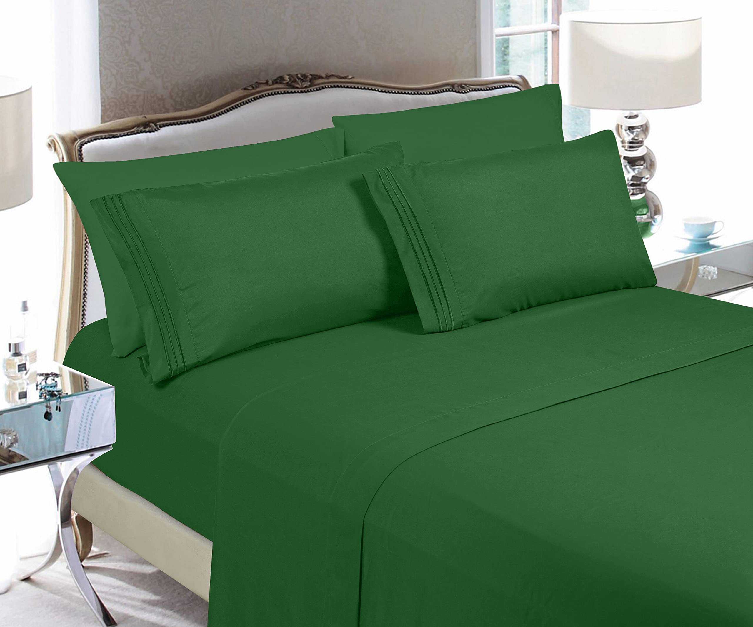 Elegant Comfort Luksusowe miękkie prześcieradło, 1500 wysokiej jakości hotelowa, mikrofibra, miękka, odporna na zagniecenia i blaknięcie (6-częściowy), zestaw pościeli, King, Hunter Green