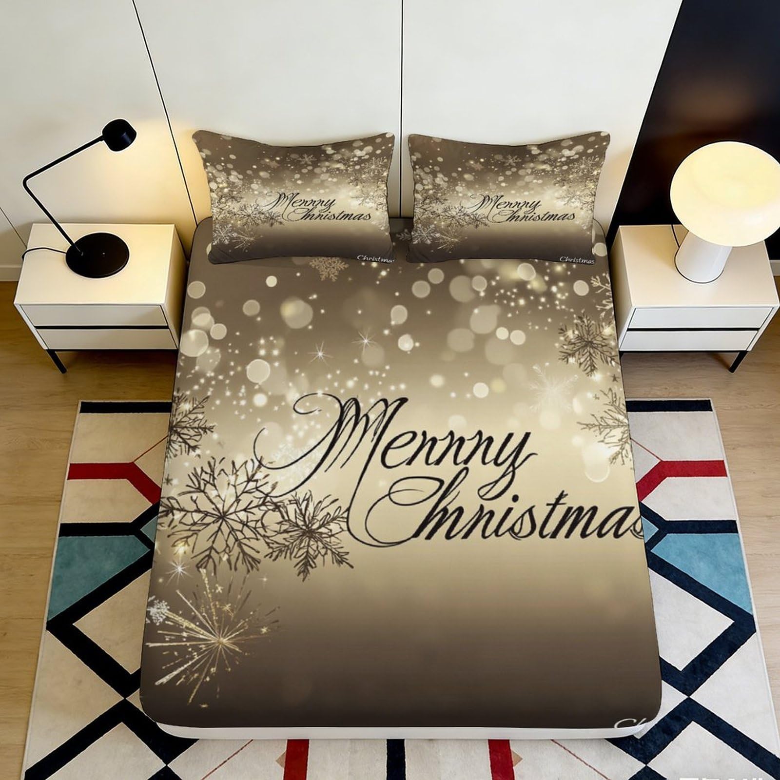 3D Printed Golden Christmas Lights Fitted Sheet Microfiber Soft Snowflake Bed Cover for Bedroom Guest Room Decor 140x200x25cm