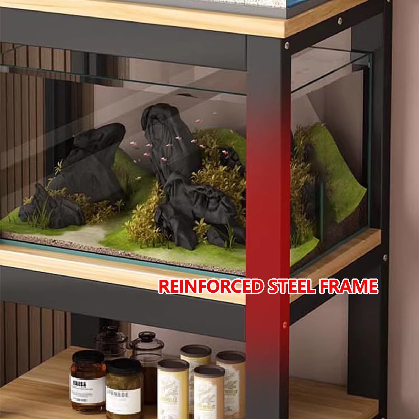 Ruchomy stojak do akwarium z kółkami, stojak na akwarium z półkami do przechowywania, ekspozycja terrarium, do salonu, sypialni, biura, czarno-brązowy, 81 x 35 x 103 cm