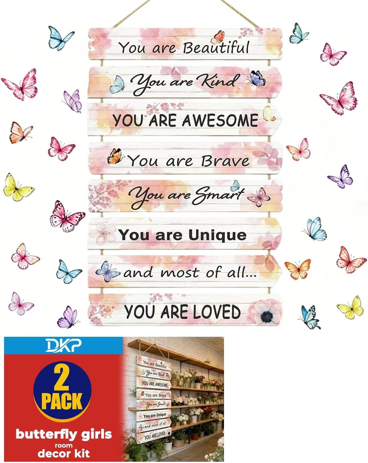 DKP 30.3 * 12in Butterfly Wall Decor Pink Room Decor, Art Signs for Girls Bedroom Kids Nursery Dorm Classroom Bathroom