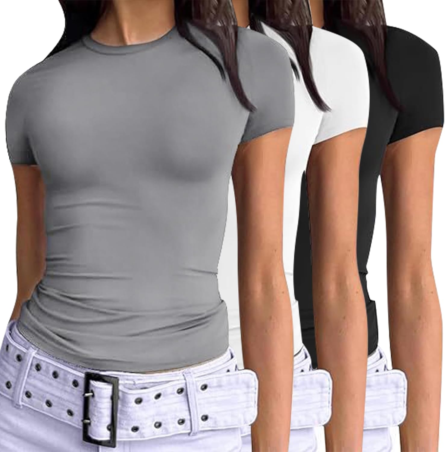 Women's 3 Pack Short Sleeve Shirts Basic Slim Fit Crop Tops Going Out Tops 2026 Spring Summer Tight Tees Y2k
