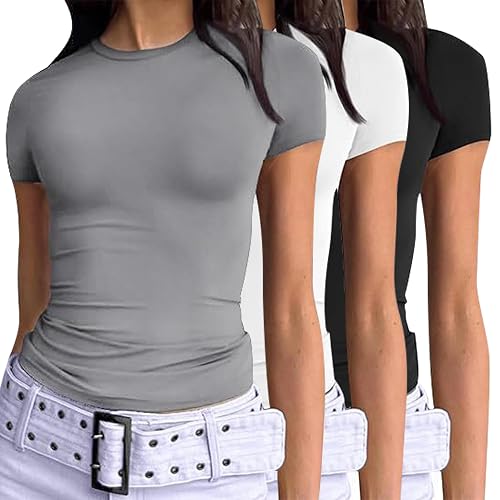 VELISDE Women's 3 Pack Short Sleeve Shirts Basic Slim Fit Crop Tops Going Out Tops 2025 Spring Summer Tight Tees Y2k