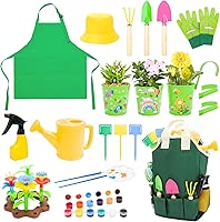 deAO Kids Gardening Set Arts and Crafts for Kids Paint Garden Tools DIY Flower Building Toys with Shovel, Trowel, Rake, Water Can,Gloves,Tote Bag,Apron,Painting Accessories,Outdoor Gift for Boys Girls