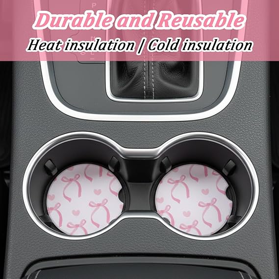 2PCS Pink Bow Car Coasters, 2.6 Inch Diameter Ceramic Coasters for Cup Holders, Cute Car Accessories & Decor for Women, Girly Cars Essentials for Anti Slipping with Finger Notch