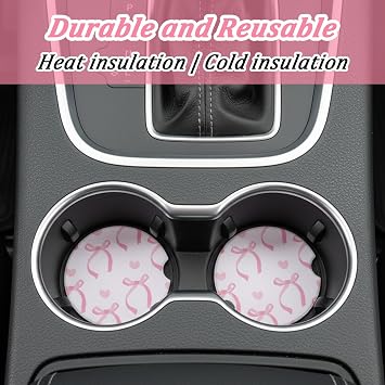 2PCS Pink Bow Car Coasters, 2.6 Inch Diameter Ceramic Coasters for Cup Holders, Cute Car Accessories & Decor for Women, Girly Cars Essentials for Anti Slipping with Finger Notch