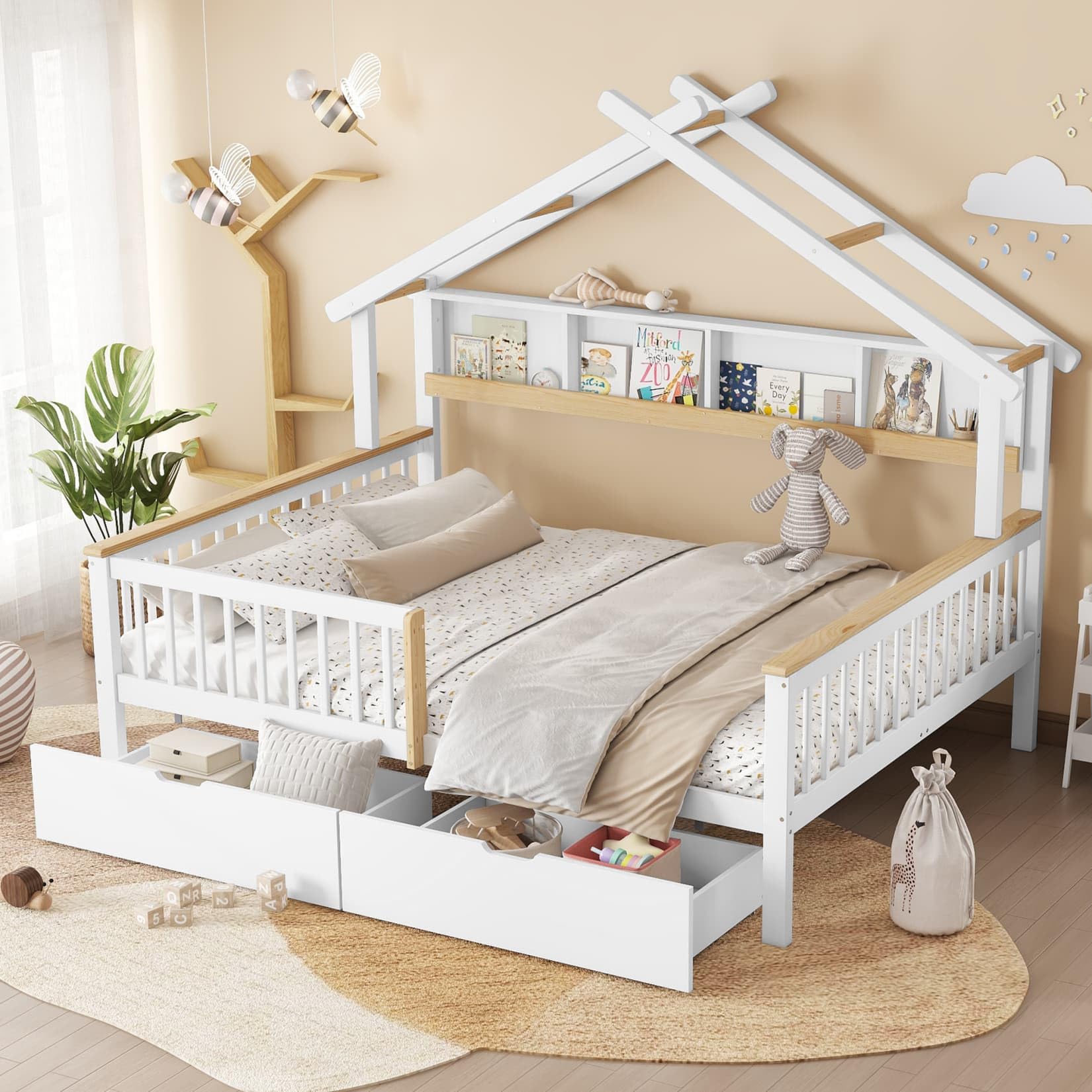 PUGSDRLY Lit Enfant 140x200cm avec 2 Tiroirs sur roulettes,Lit Cabane Enfant avec Barrières et Compartiments de Rangement,Cadre en Pin avec Sommier à Lattes,sans Matela