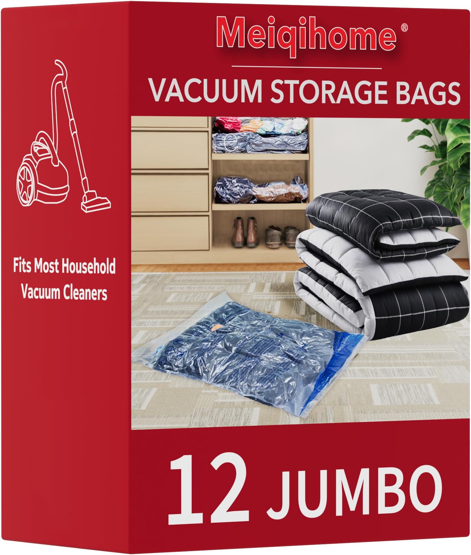 MEIQIHOME Vacuum Storage Bags, Space Saver Sealer Bags,Vacuum seal bags for clothing, Pillows, Comforters, Blankets, Bedding,Travel,12 Jumbo