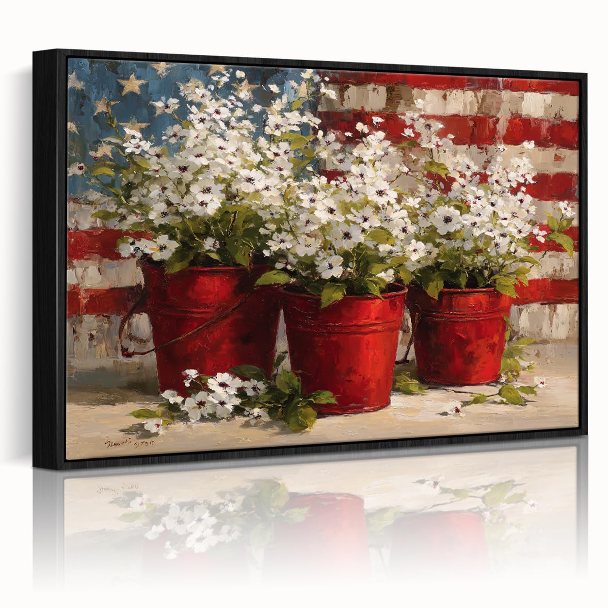 American Flag Framed Canvas Wall Art, 4th of July Floral Canvas Prints
