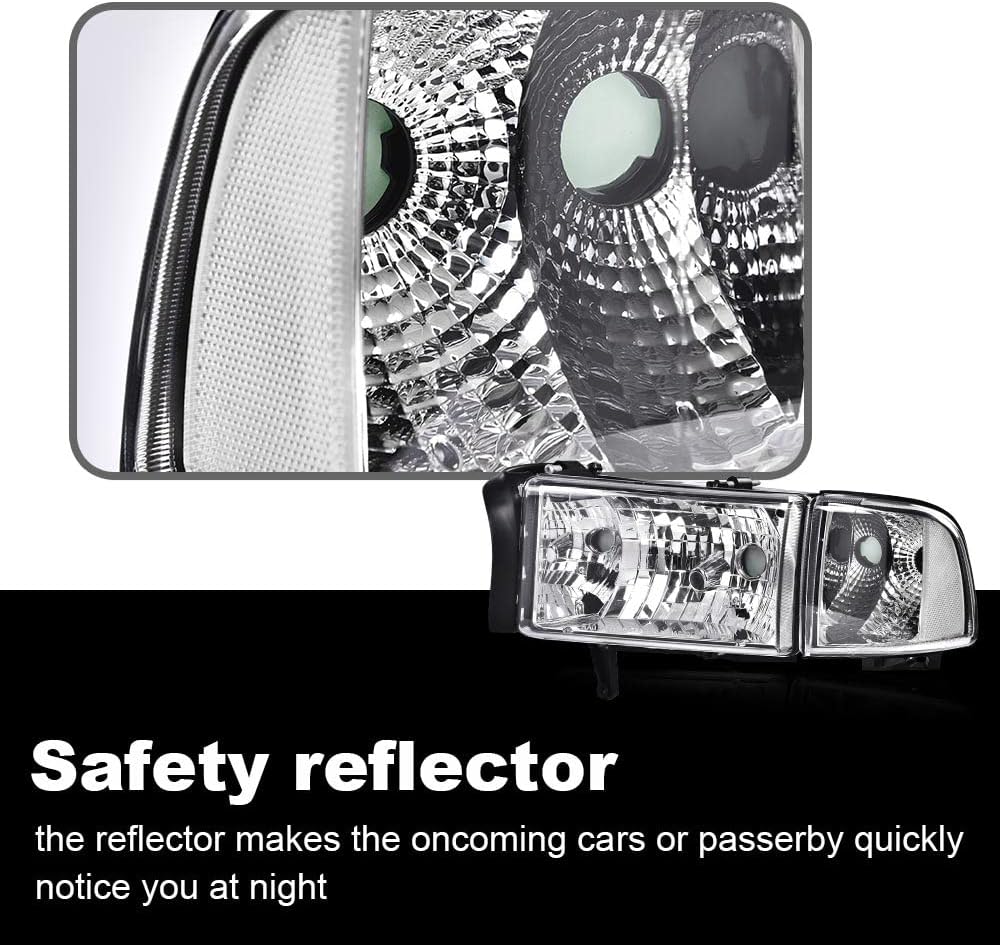 Headlights Compatible with Dodge Ram 1500 2500 3500 1994-2002 Head Lamp Driver & Passenger Side Clear lens Chrome Housing Clear Reflector 55076749AD 55076748AD 55076749AO