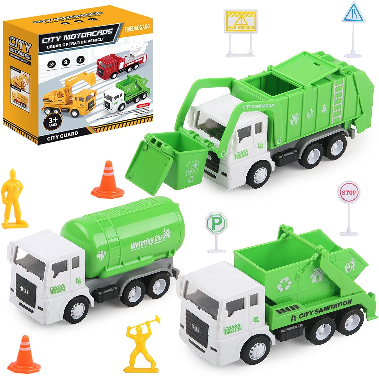 Toy Vehicles Set 3 Pack Sanitation Truck Car Model Garbage Trucks Water Tanker Playset with 8 Signpost Friction Power for Boys Age 3 and UP Toddlers Kids Holiday/Birthday Gift Children: Toys & Games