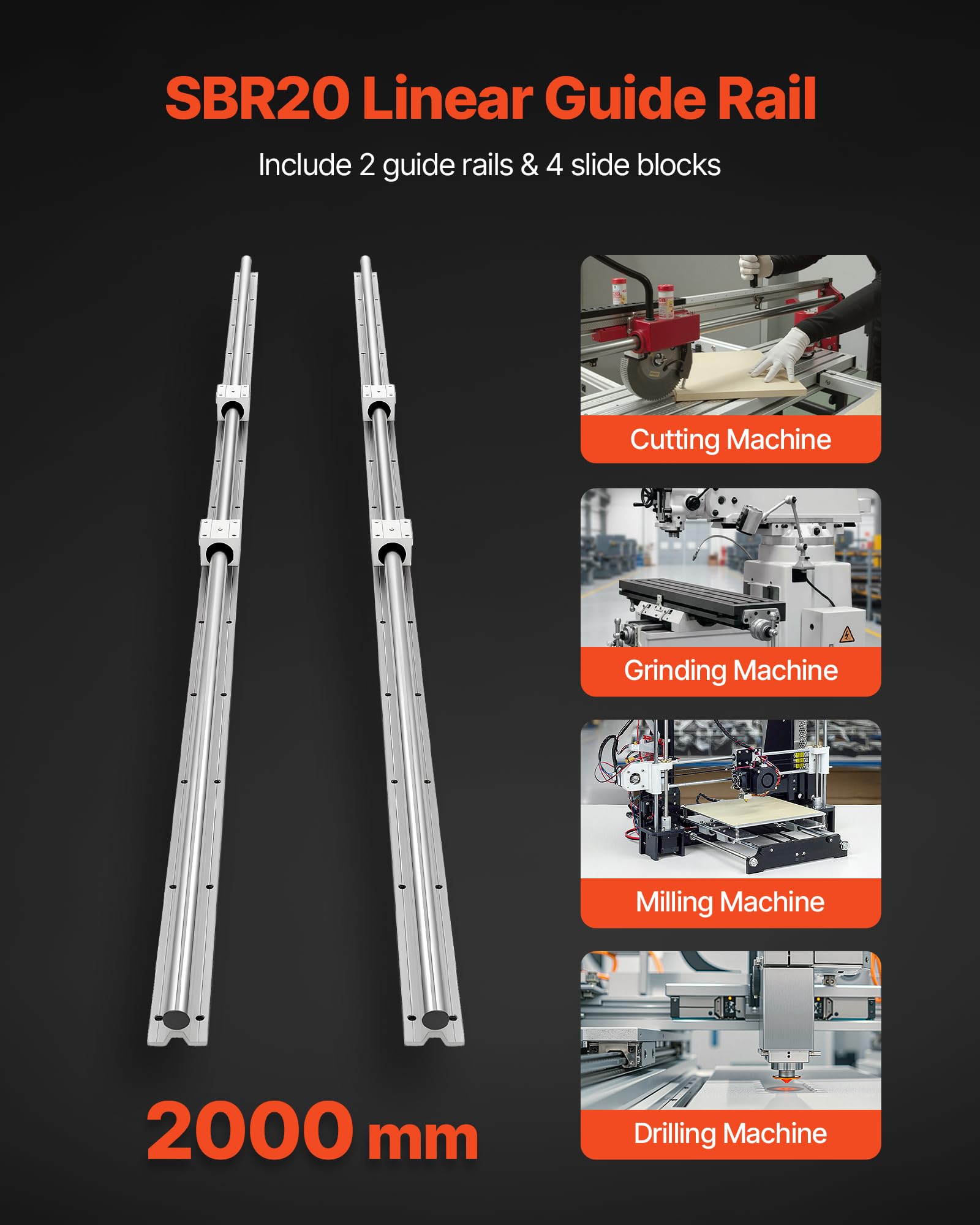 VEVOR Linear Rail Kit, SBR20, 2Pcs 2000 mm (78.74 inch) Linear Motion Guide Rails and 4Pcs Bearing Slide Blocks, Fully Supported Shaft, for Cutting, Grinding, Milling, Drilling Machines, and More — Amazon image 2