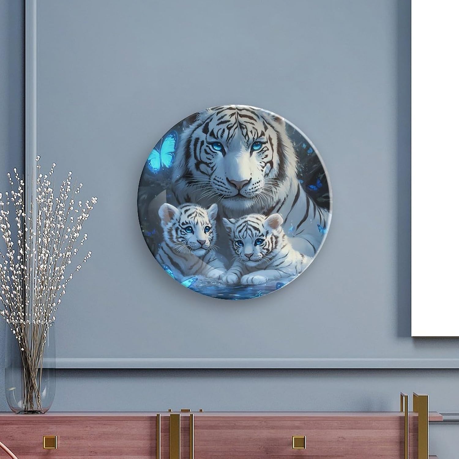 Tiger Family with Butterfly Bone China Decorative Porcelain Plates Dinnerware Ornaments