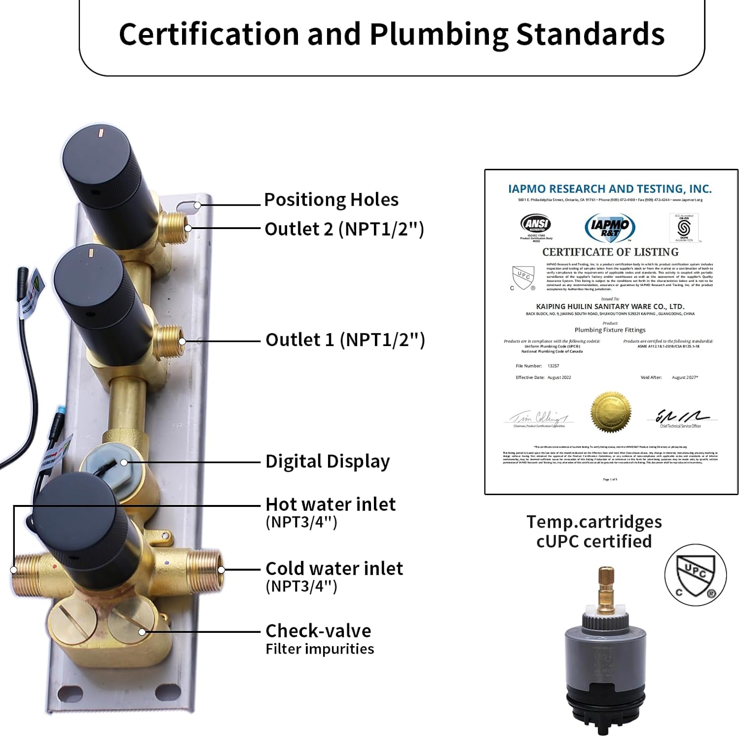 2 Way Shower Diverter Valve Brass 2 Functions Digital Temperature Display Thermostatic Shower Mixing Valve Kit 3 Handle Flow Cotrol Valve, Can Run Simultaneously Matte Black