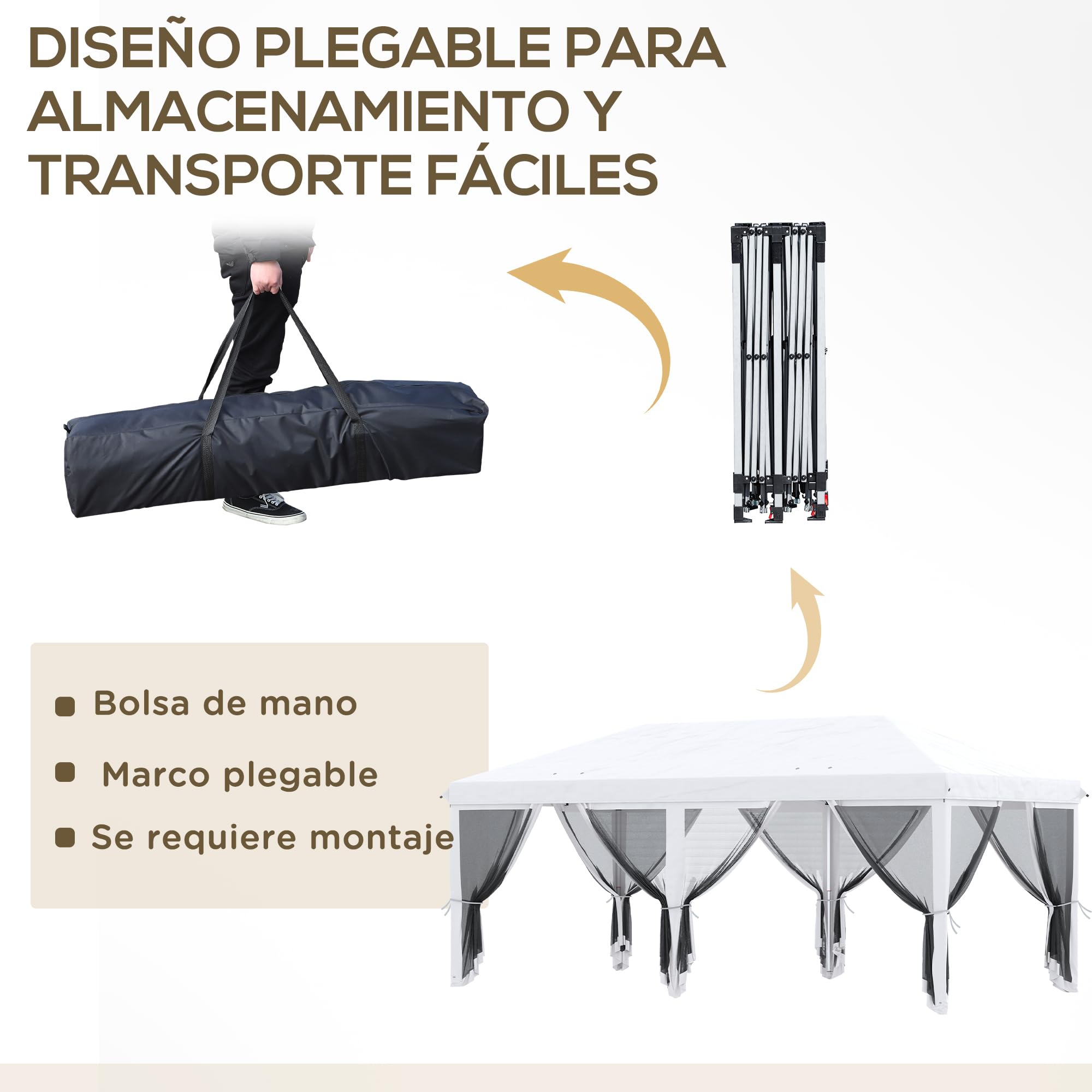 Outsunny Carpa Plegable Pop-Up Gazebo 6x3 m Cenador Plegable con 6 Paredes Laterales de Malla Anti-UV y Bolsa de Transporte para Camping Fiestas Crema