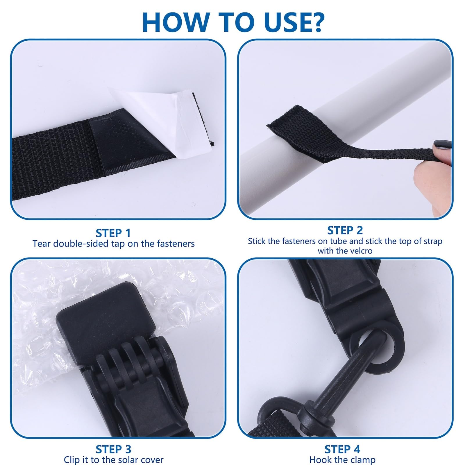 Correa para enrollador de piscina, juego de 6/8 correas de protección para lona de piscina, carrete de piscina, juego de 6/8 bandas de fijación y abrazaderas, accesorios de piscina (juego de 8 piezas)